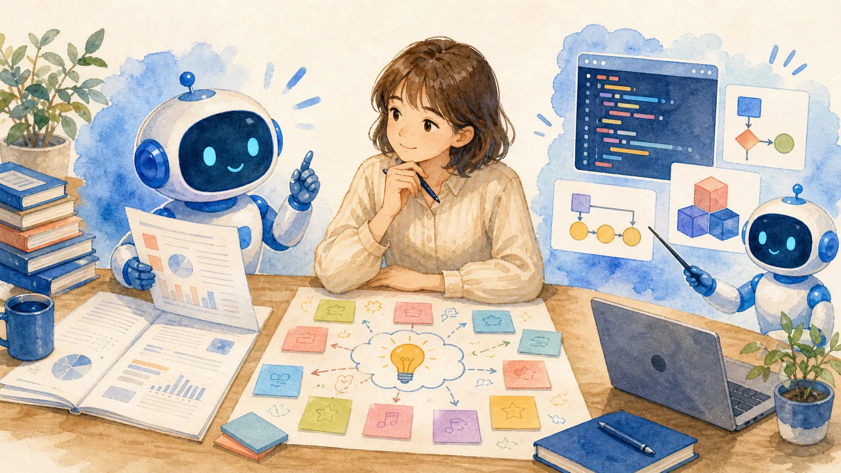人とAIが要約、アイデア出し、コードの説明を一緒に進める様子