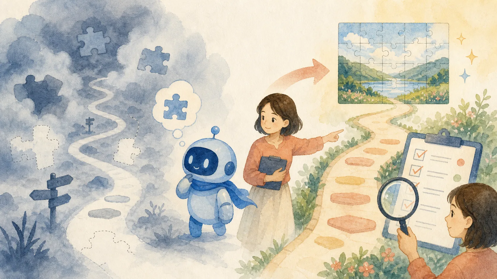 曖昧で足りない情報を人が補い、AIの答えを確認して完成へ導く様子