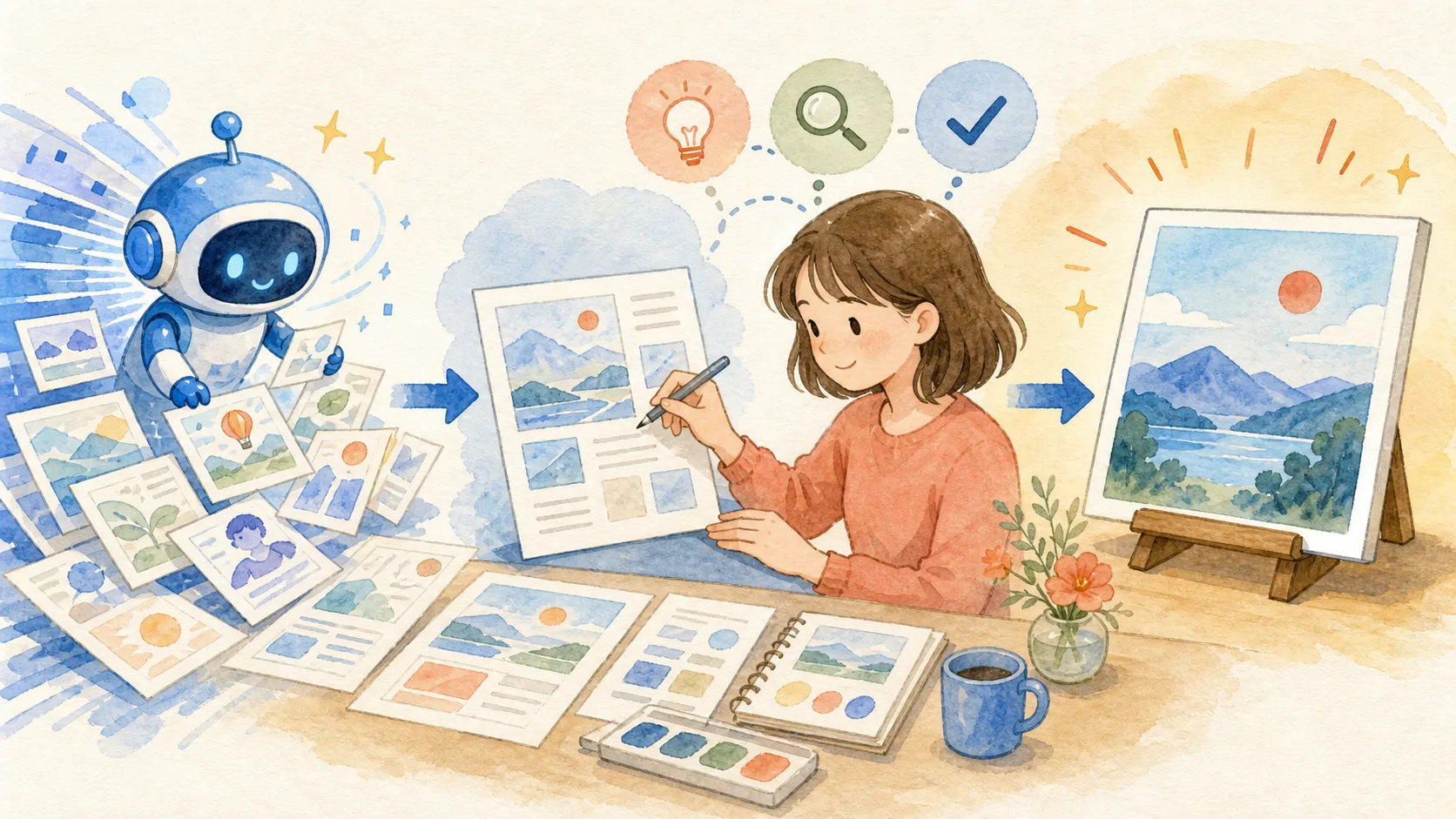 AIが下書きを用意し、人が選択・編集・確認して完成品へ仕上げる流れ