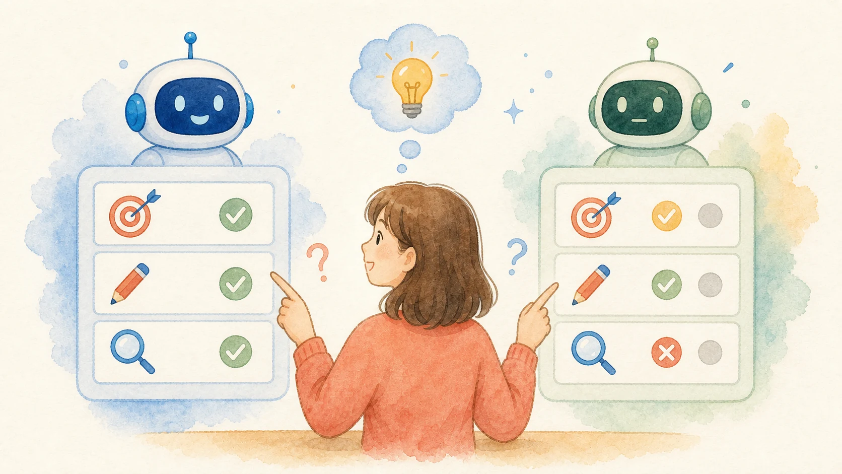 同じ架空課題を2つのAIへ入力し、指示への適合・直しやすさ・確認しやすさを比べる様子