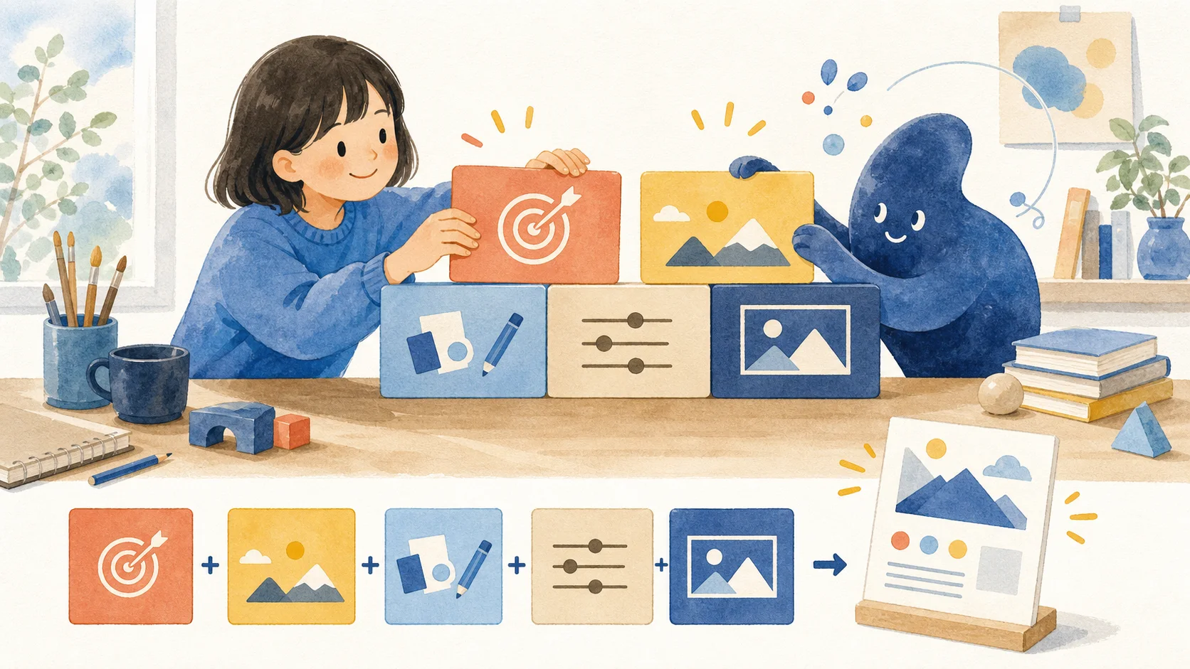 初心者とAIが目的・背景・材料・条件・出力形式の5つのカードを組み合わせる様子