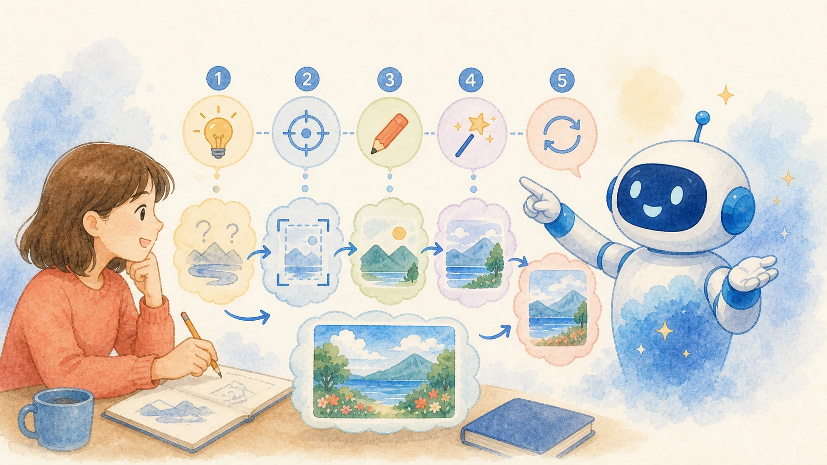 プロンプトの5要素を学び、曖昧なお願いを直し、具体的な追加注文をする初心者