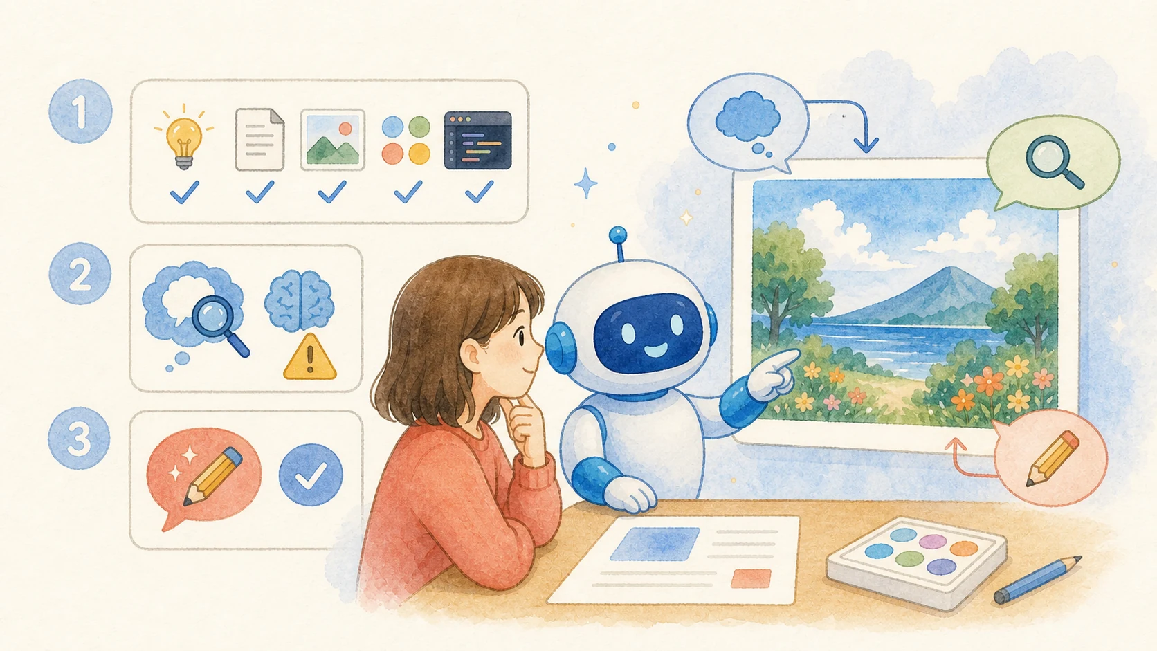 5要素・AIの推測・具体的な追加注文の3項目を人とAIが確認する様子