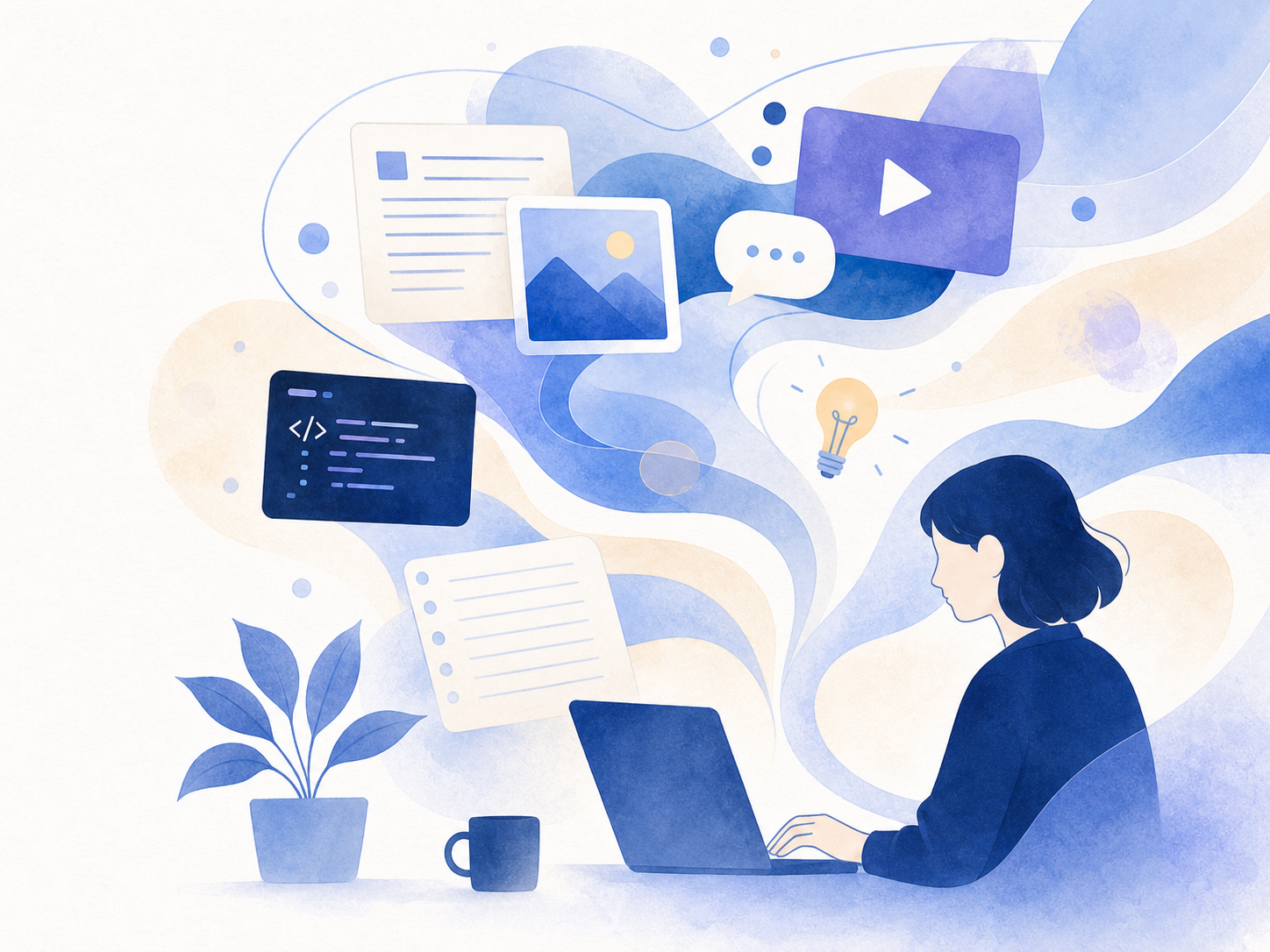 生成AIを使って文章、画像、動画、コードのアイデアを広げる様子